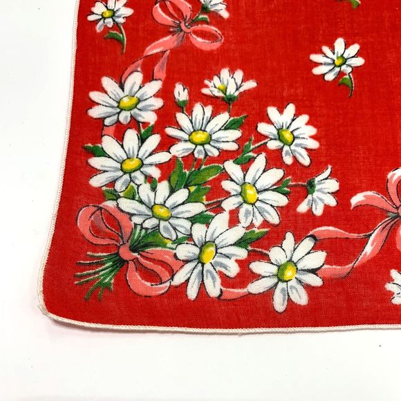 Bright Red White Daisy Handkerchief Flower Vtg Mid Century Boho Cottage Core - Picture 3 of 3